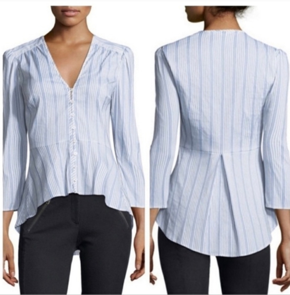 PRISTINE Veronica Beard Peplum Button Front Top Sz 12 Striped Cotton White Blue